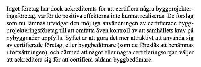 Text från ett dokument om certifiering av byggprojekteringsföretag och byggbedömare.