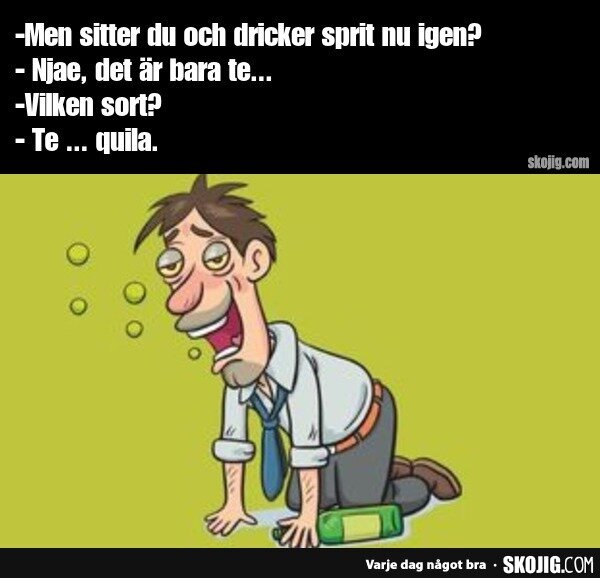 En tecknad man ser berusad ut, sitter på golvet med en flaska bredvid sig. Text: "Det är bara te...quila." Humoristisk dialog.