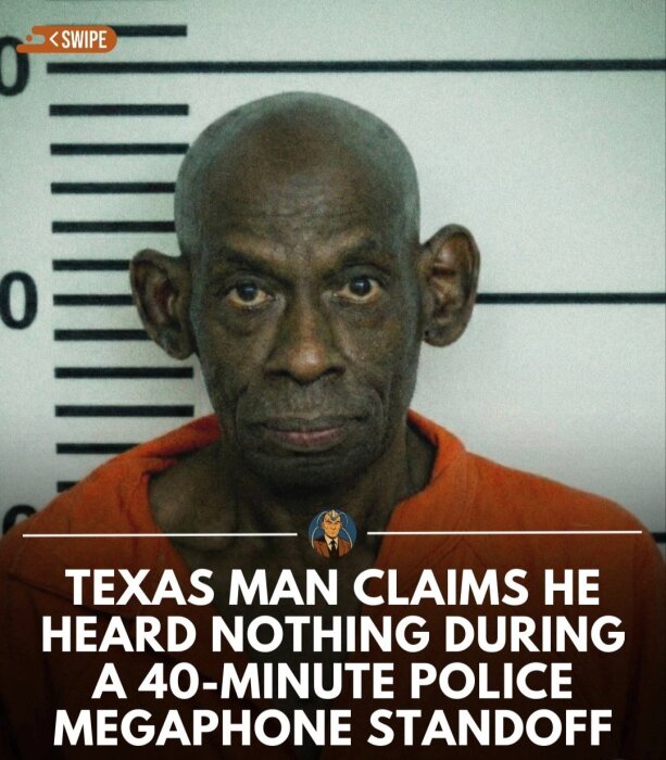 En man i orange fångdräkt framför en mätsticka i en mugshot. Text på bilden säger att en man i Texas inte hörde något under en 40 minuters polisinsats med megafon.