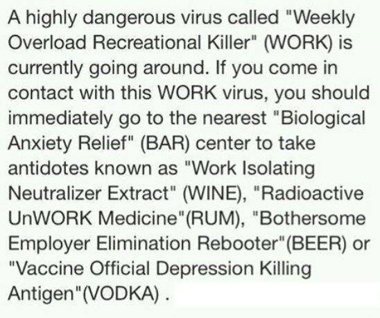 Text om ett "WORK"-virus och humoristiska åtgärder som BAR, WINE, RUM, BEER och VODKA.