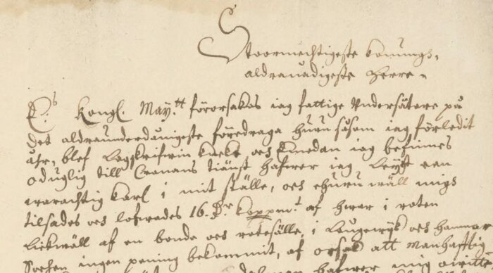 Gammal handskrift från 1670-talet som visar ett brev till kungen skrivet av en knekt, innehåller gammaldags stil och språk.