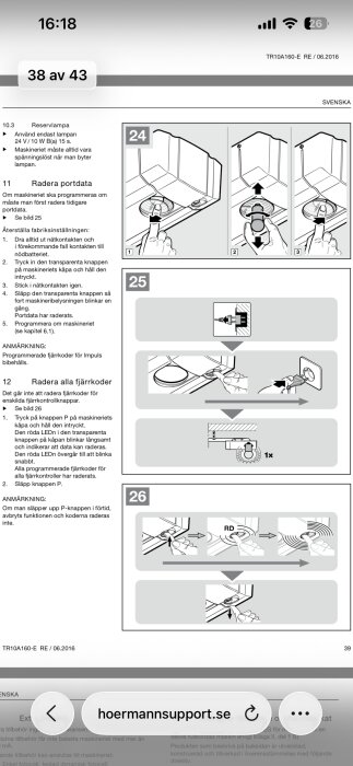 Instruktionssida för att radera och programmera portdata med bilder av knapptryckningar och stegvis vägledning för maskinprogrammering.