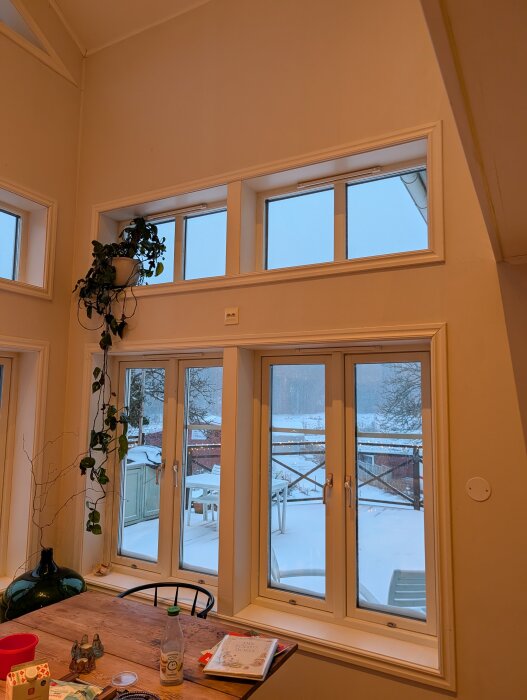 Två rader av fönster i ett rum med snö utanför, dekorativa växter, bord med flaskor och böcker. Möjlig plats för spotlights installation.