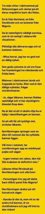 Textvits om tre män från olika platser på BB. Doktorn blandar barnen, och norrmannen väljer en mörkhyad pojke för att undvika risken med stockholmarnas barn.