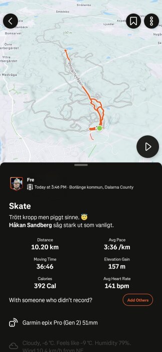 Skidspår av skate längs Igarjäntsvägen i Borlänge, Sverige, med statistik: 10,20 km på 36:46 min, 157 m höjdökning, 141 bpm medelpuls.