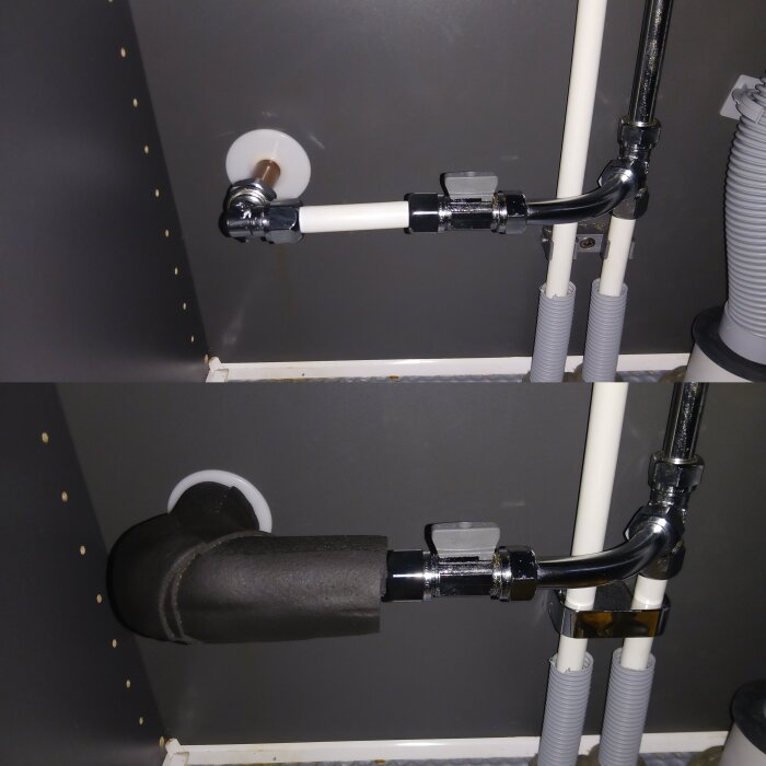 Isolerad vattenledning med kondens, före och efter åtgärd. Övre bild visar naken ledning, nedre visar ledning täckt med isolerande material för att minska kondens.