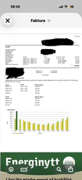 Elräkning med detaljer om elnät, överföring, energiskatt och effektavgifter, samt ett diagram över elförbrukning per månad.