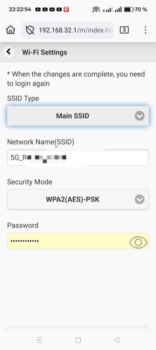 Inställningar för Wi-Fi på en router, med SSID-typ, nätverksnamn, säkerhetsläge och lösenord fält synliga.
