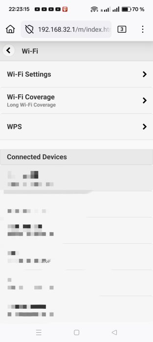 Skärmdump av en routers Wi-Fi-inställningar med alternativ som Wi-Fi Coverage och Connected Devices synliga.