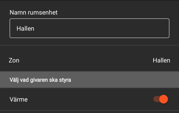 Gränssnitt för inställning av rumsenhet med namnet "Hallen", zonen "Hallen" och alternativ att styra "Värme".