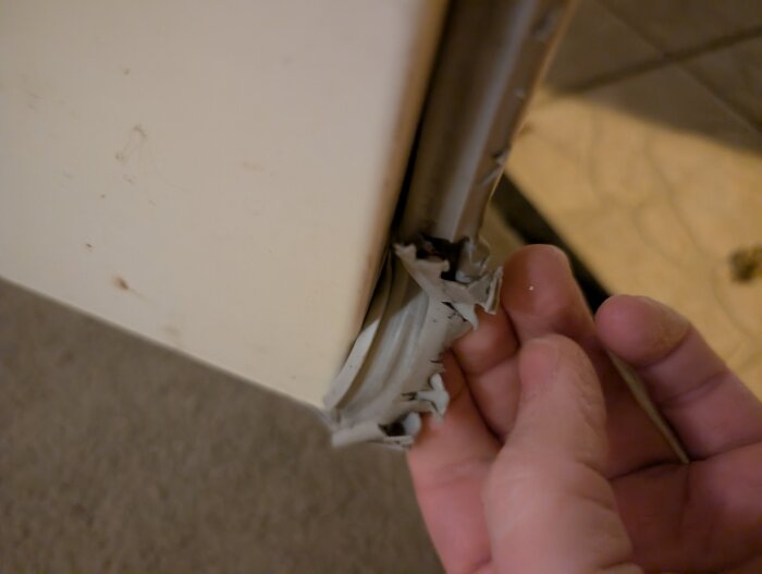 En hand håller en sliten tätningslist fastsatt i ett fräst spår på en dörr eller panel.