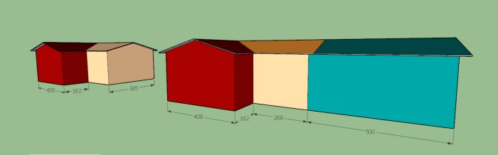 Byggnadsritning visar två husförlängningar: en orange sektion (10 m2) och en tilläggssektion i grönt (20 m2) med angivna dimensioner.