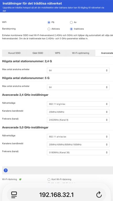 Skärmbild av inställningar för trådlöst nätverk på mobilwebbläsare, visar Wi-Fi-inställningar och IP-adress 192.168.32.1.