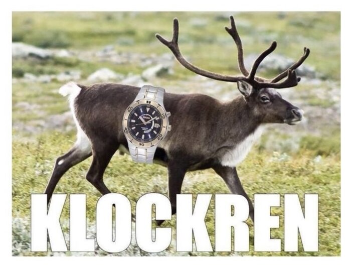 Ren med ett armbandsur på kroppen, ordet "KLOCKREN" i stora bokstäver under.
