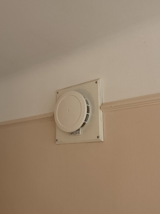Ventilationsgaller på vägg, kvadratisk bas ca 22x22 cm, beige färg.