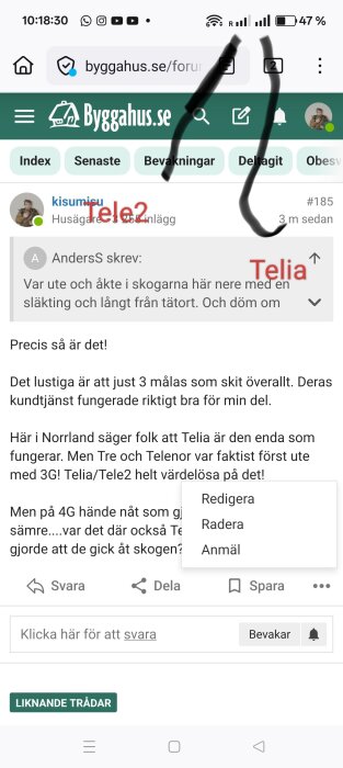 Skärmbild från ett forum där mobiloperatörernas täckning och kundtjänst diskuteras, med text om Tele2 och Telia synlig över inlägget.