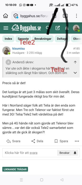 Bild av en mobiltelefon med webbläsare som visar Byggahus.se, text på bilden nämner "Tele2" och "Telia" med handritade markeringar.