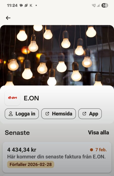 Skärmbild av E.ON-app med flera glödlampor. Användarmöjligheter visas: logga in, hemsida och app. Senaste faktura-uppgifter visas också.