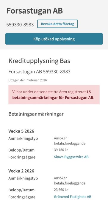 Kreditrapport för Forsastugan AB med 15 betalningsanmärkningar under tre år; innehåller detaljer om belopp och fordringsägare.