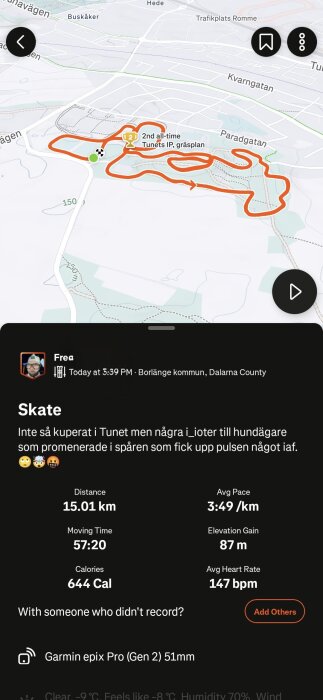 En karta som visar en åkturs rutt med information om aktivitetens distans, tid, och puls. Utförd i Borlänge, med en noterad emoji-kommentar.