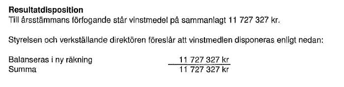 Resultatdisposition visar att 11 727 327 kr balanseras i ny räkning, med samma summa totalt disponerad.