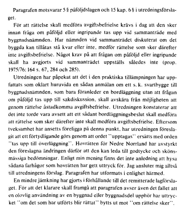 Juridisk lagtext om avgiftsbefrielse och rättelse i byggnadsärenden från en proposition.