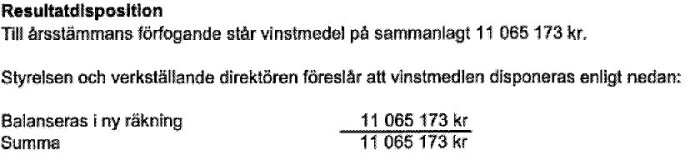 Resultatdisposition med balans i ny räkning 11 065 173 kr enligt förslag för vinstmedel.