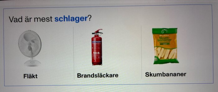 Fläkt, brandsläckare och påse med skumbananer visas under texten "Vad är mest schlager?".