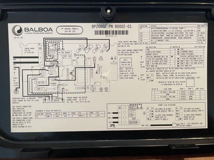 Kopplingsschema och instruktioner för Balboa BP2000G2, visar kretskortslayout, komponenter och anslutningar för ett badkar.