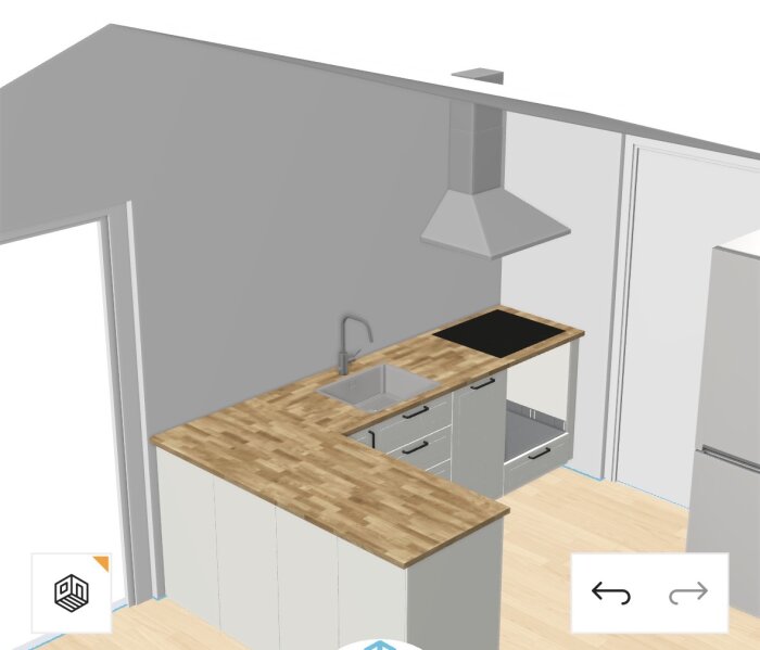 Kök i 3D-design med L-format träbänksystem, inbyggd diskho och spishäll, omgiven av grått väggskåp och vitvaror på ljust trägolv.