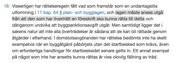 Text om rättelseregler i 11 kap. 54 § plan- och bygglagen gällande möjligheter att undvika byggsanktionsavgift genom åtgärder i efterhand.