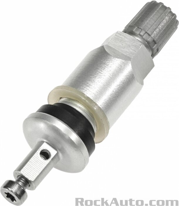 Däckventil av metall från RockAuto med Schrader-ventil och aluminiumhylsa, känslig för korrosion från salt.