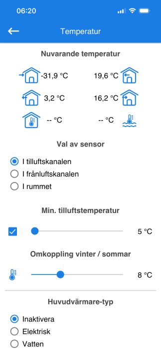 Skärmdump av FTX-systemets temperaturinställningar med aktuell temperatur, sensorsensorval och värmejusteringar.