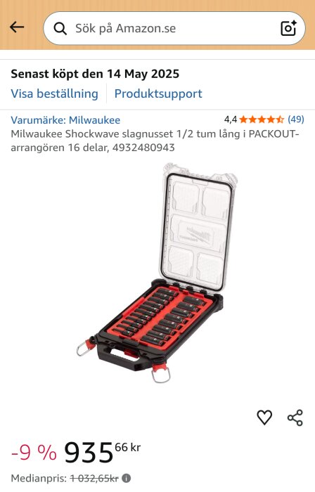Milwaukee Shockwave slagnusset 16 delar i en öppen verktygslåda med transparant lock, visad på Amazon-sida. Rabatt -9% på 935,66 kr.