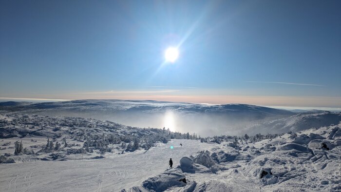 Snötäckt bergslandskap med sol och blå himmel. En skidåkare syns på avstånd på en backe omgiven av snötyngda träd.