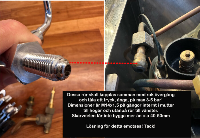 Närbild av metallrör och muttrar som ska sammankopplas i en kaffemaskin. Skarvdelen måste tåla 3-5 bar ångtryck och ha M14x1,5 gängor.