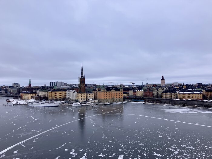 Vy över Gamla Stan i Stockholm med isbelagd vattenyta och historiska byggnader under en molnig himmel.
