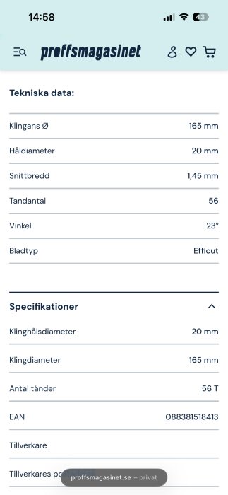 Skärmdump av en produktspecifikation från Proffsmagasinet, inklusive klingans dimensioner, tandantal, vinkel och bladtyp Efficut.