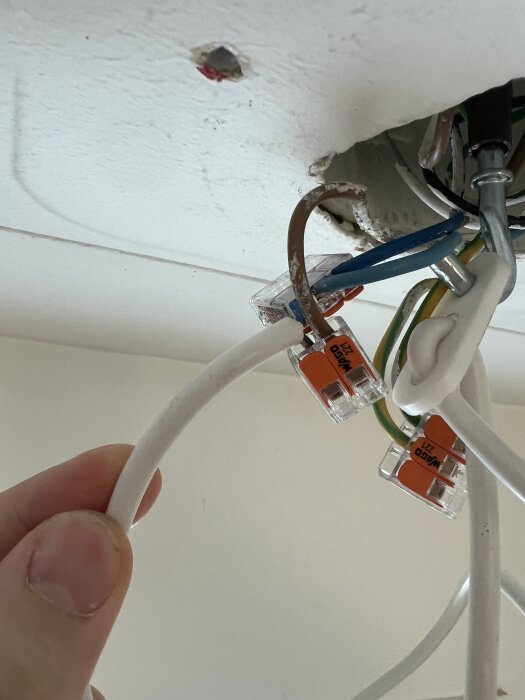 Elektrisk installation i taket med synliga kablar och kopplingsklämmor. En hand håller i en vit kabel.