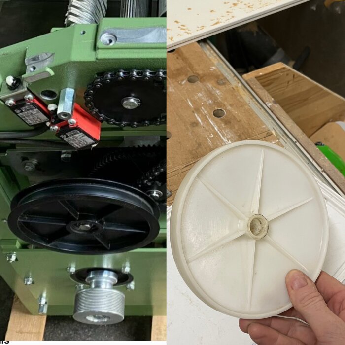 Hemmabyggd lösning med vit plastlock från målarhinkar för att hålla en rem på plats på en maskin.