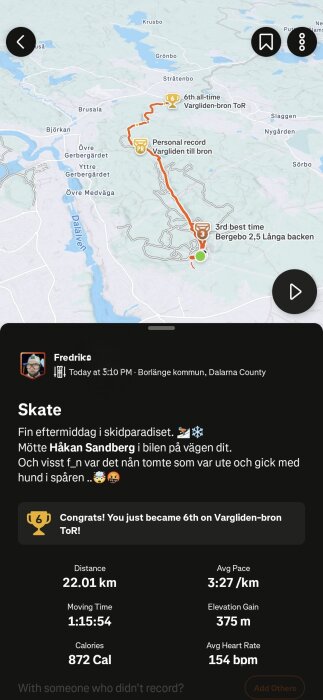 Karta visar en skidtur i Borlänge kommun med detaljer om sträcka, tempo och hjärtfrekvens. Noteringar om personligt rekord och placering i Vargliden-bron.