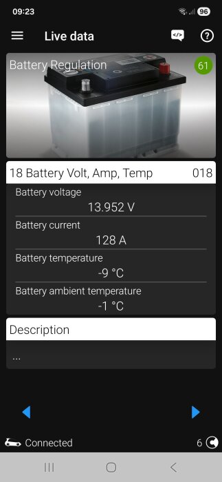 Mobilskärm med batteridata: spänning 13.952 V, ström 128 A, batteri- och omgivningstemperatur -9°C respektive -1°C.