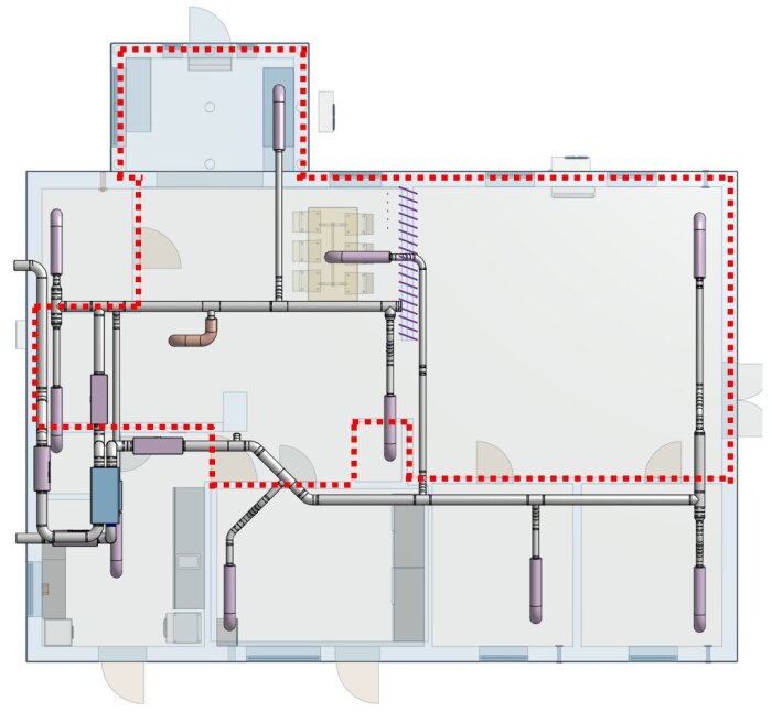 Skiss över ventilationssystem med rördragning, tilluftsdon och frånluftsdon markerade i rött inom en planlösning.