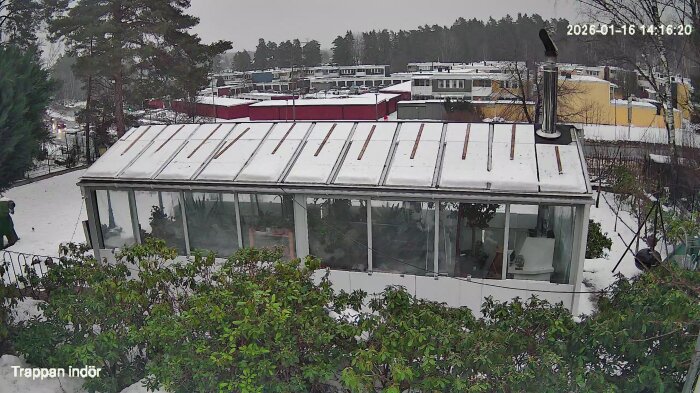 Växthus täckt av snö med fönster som visar växter inuti, omgiven av vinterlandskap med flerfamiljshus i bakgrunden.