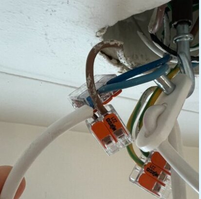 Elektriska kablar med kopplingsklämmor i taket. En kabel är ansluten till en vit sladd. Ingen lamputtag syns.