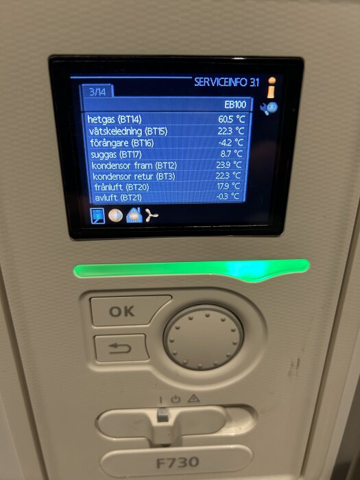 Nibe 730 värmepump med digital display som visar temperaturinformation för olika komponenter, som hetgas och vätskeledning.