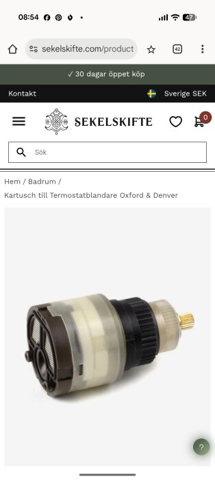 Kartusch till termostatblandare Oxford och Denver, avbildad i närbild på vit bakgrund.