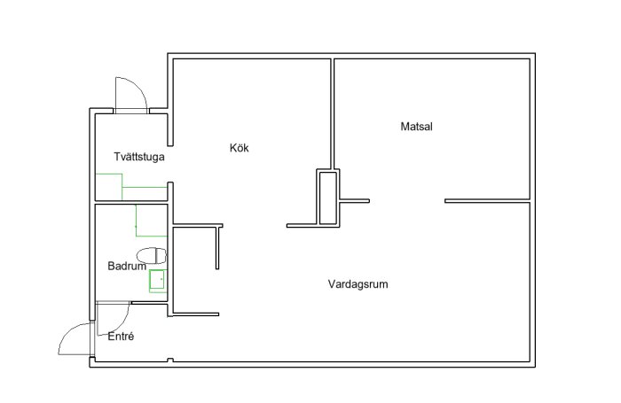 Planritning över tillbyggnad med tvättstuga, badrum, entré, kök, matsal och vardagsrum.