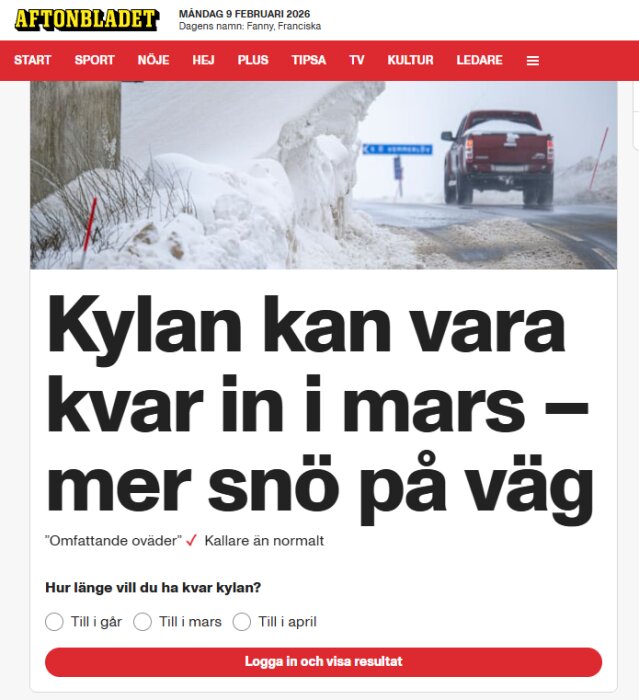 Bil på snöig väg, rubrik om att kyla och snö väntas i mars.
