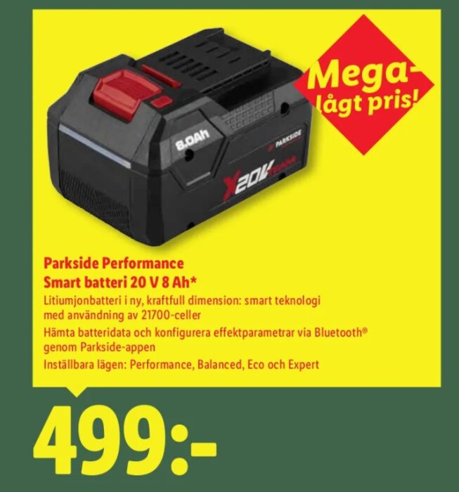 Lithiumjonbatteri Parkside Performance 20V 8Ah med 21700-celler, Bluetooth-funktion och flera energilägen. Mega-lågt pris, 499 kr.